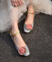 Original Floral Splicing Flat Feet Shoes Grey Cowhide Leather
