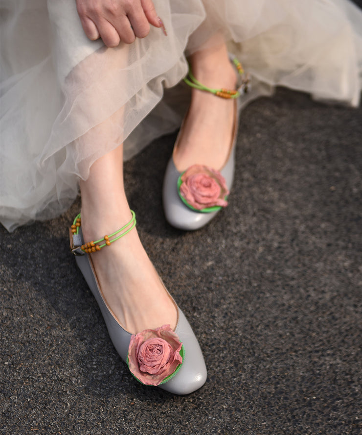Original Floral Splicing Flat Feet Shoes Grey Cowhide Leather