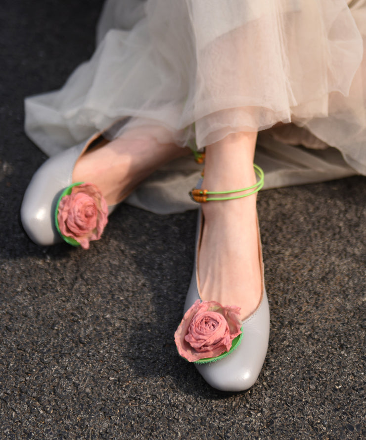 Original Floral Splicing Flat Feet Shoes Grey Cowhide Leather