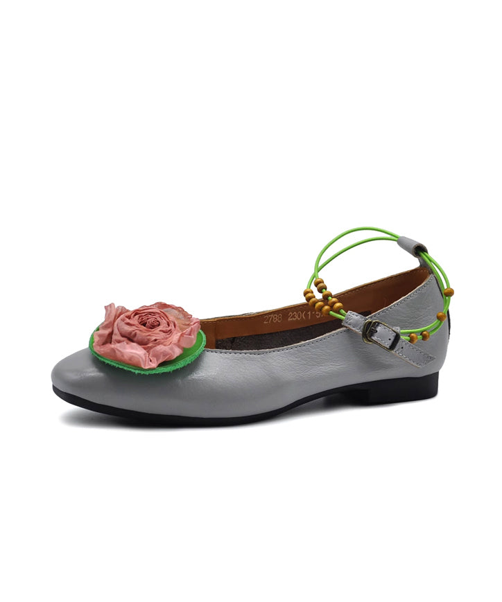 Original Floral Splicing Flat Feet Shoes Grey Cowhide Leather