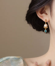 Original Gold Copper Alloy Cat Eye Stone Pearl Tassel Drop Earrings