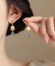 Original Gold Copper Alloy Cat Eye Stone Pearl Tassel Drop Earrings