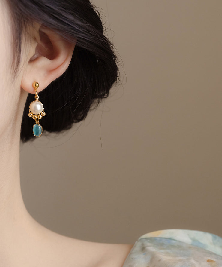 Original Gold Copper Alloy Cat Eye Stone Pearl Tassel Drop Earrings