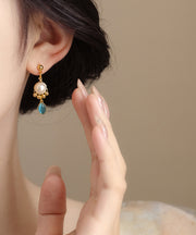 Original Gold Copper Alloy Cat Eye Stone Pearl Tassel Drop Earrings