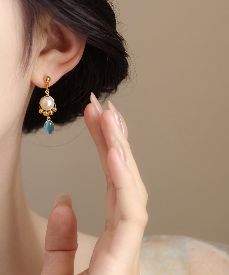 Original Gold Copper Alloy Cat Eye Stone Pearl Tassel Drop Earrings