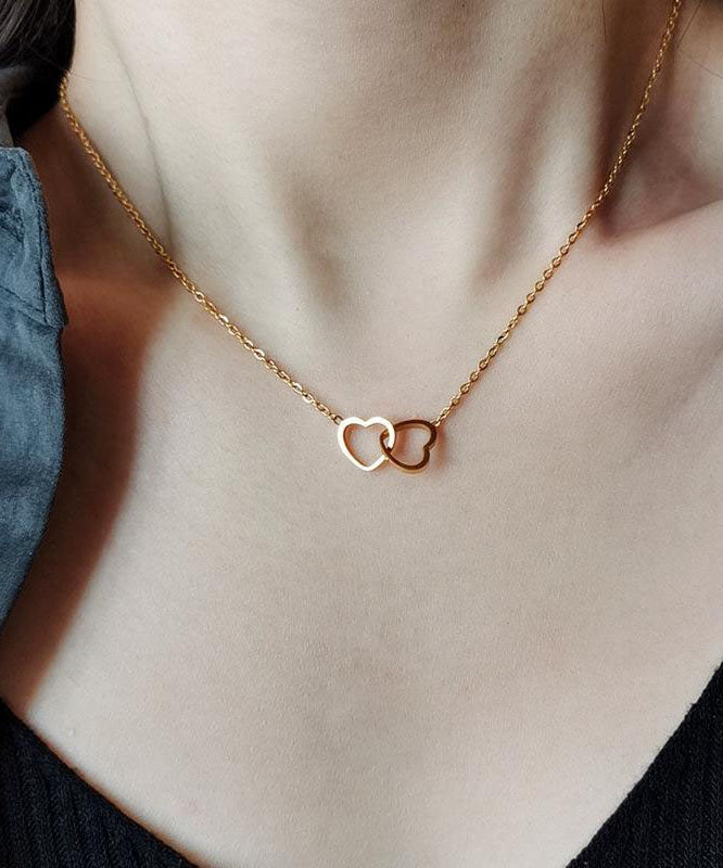 Original Gold Copper Alloy Double Ring Heart Shape Pendant Necklace