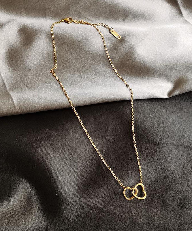 Original Gold Copper Alloy Double Ring Heart Shape Pendant Necklace