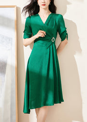 Original Green V Neck Wrinkled High Waist Cotton Dresses Summer