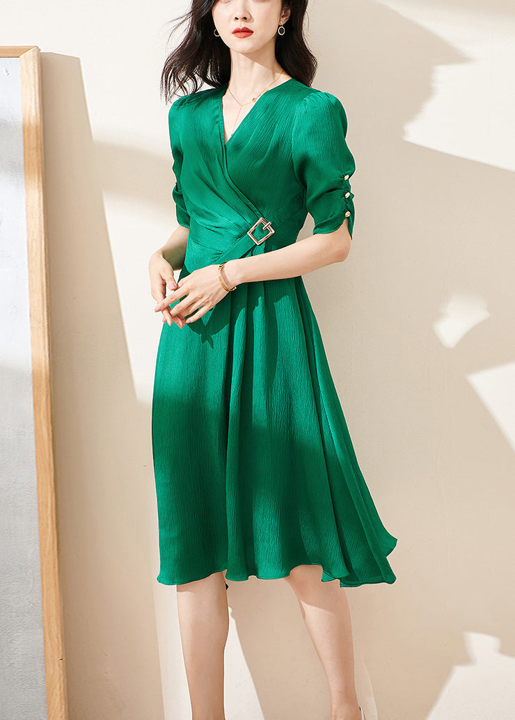 Original Green V Neck Wrinkled High Waist Cotton Dresses Summer