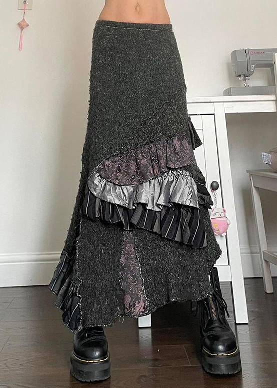 Original Grey Asymmetrical Ruffled Patchwork Cotton Skirts Summer