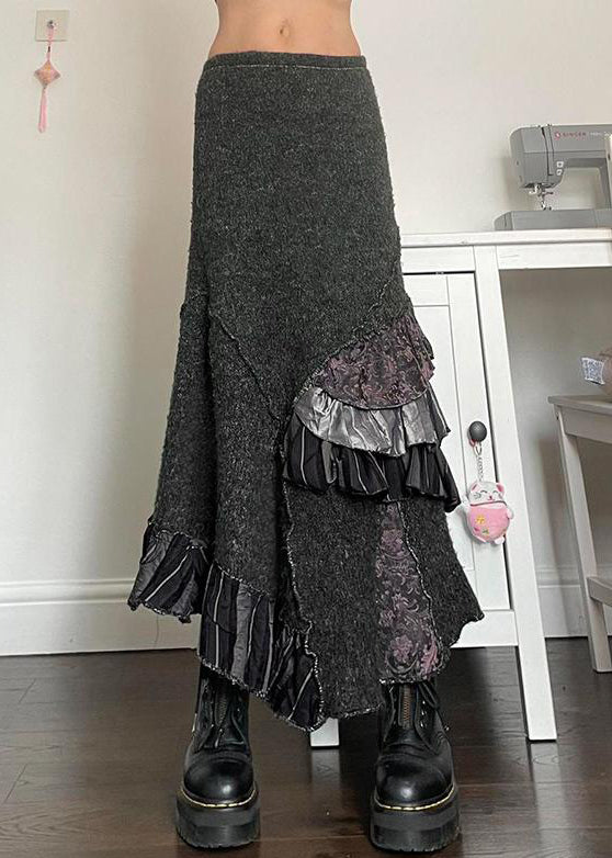 Original Grey Asymmetrical Ruffled Patchwork Cotton Skirts Summer