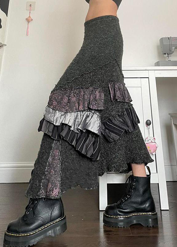 Original Grey Asymmetrical Ruffled Patchwork Cotton Skirts Summer