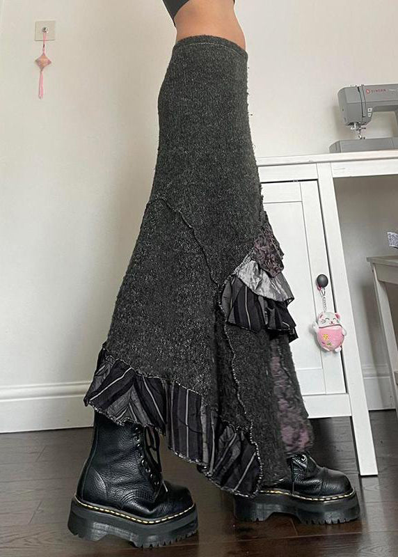 Original Grey Asymmetrical Ruffled Patchwork Cotton Skirts Summer