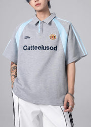 Original Grey Letter Patchwork Cotton Polo Shirts Men Short Sleeve
