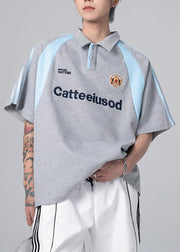 Original Grey Letter Patchwork Cotton Polo Shirts Men Short Sleeve