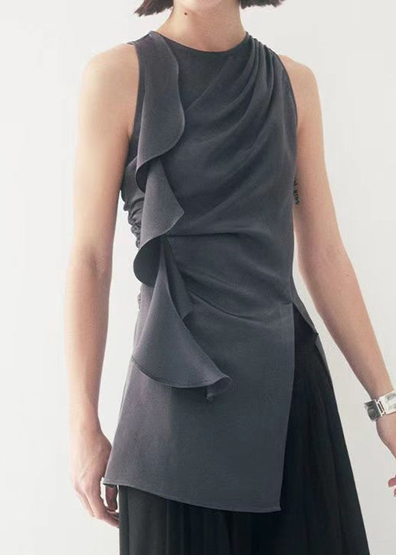 Original Grey O-Neck Ruffled Patchwork Side Open Top Sleeveless – SooLinen