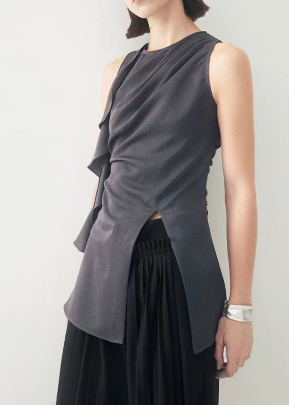 Original Grey O-Neck Ruffled Patchwork Side Open Top Sleeveless – SooLinen