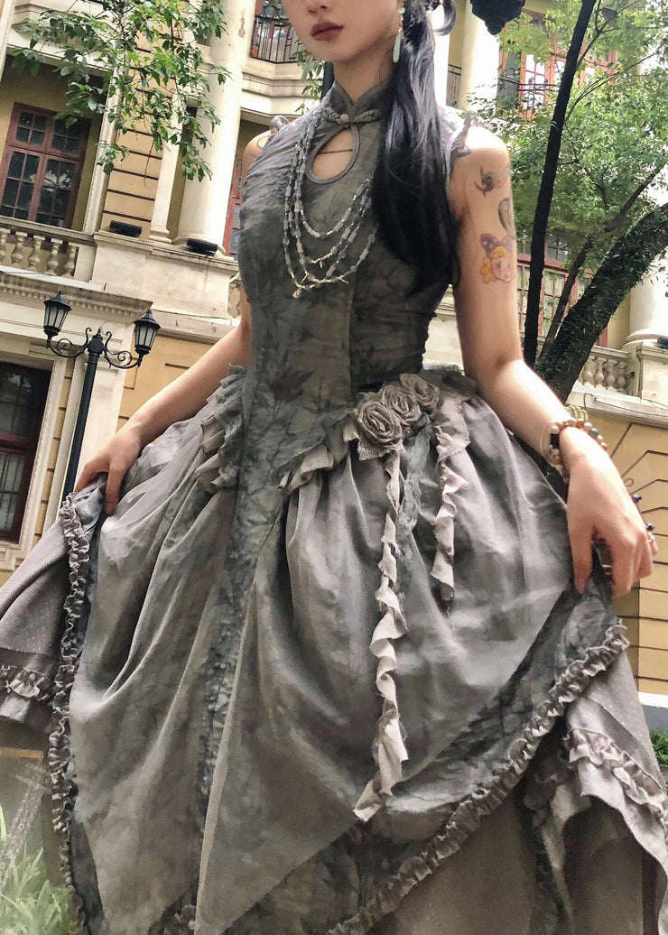 Original Grey Ruffled Lace Up Tulle Patchwork Long Dress Sleeveless