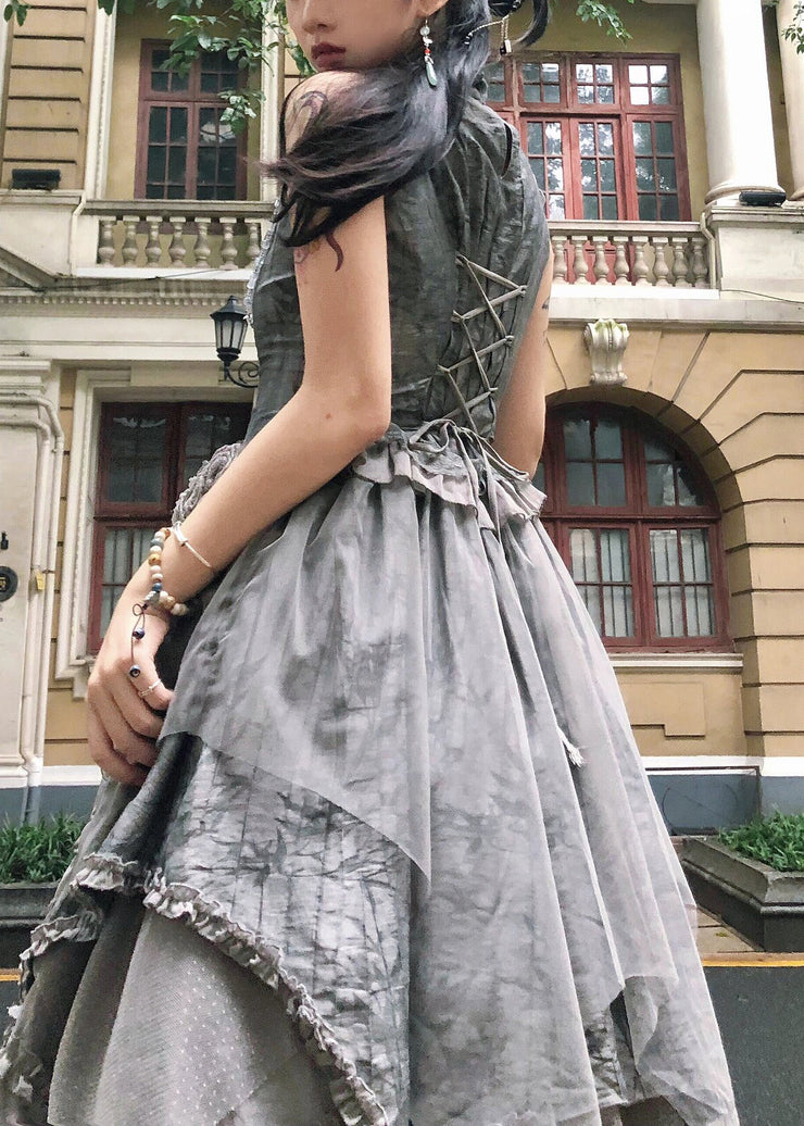 Original Grey Ruffled Lace Up Tulle Patchwork Long Dress Sleeveless
