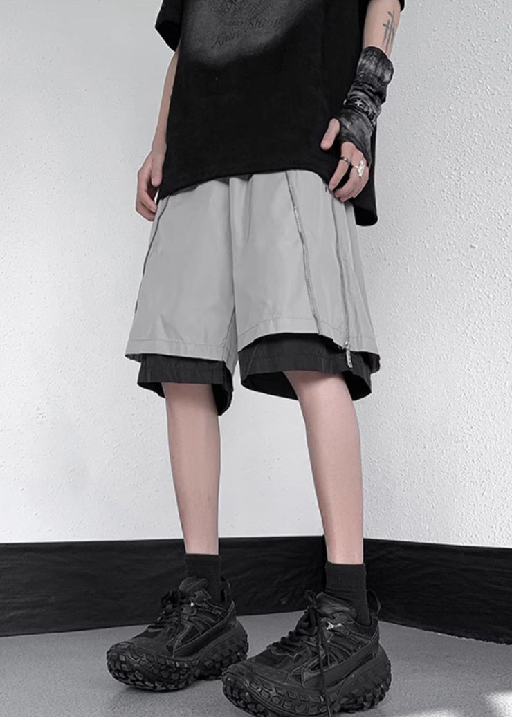 Original Grey Zippered False Two Pieces Cotton Men Shorts Summer