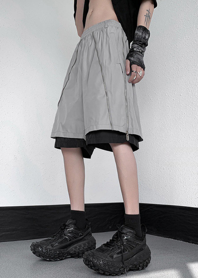 Original Grey Zippered False Two Pieces Cotton Men Shorts Summer