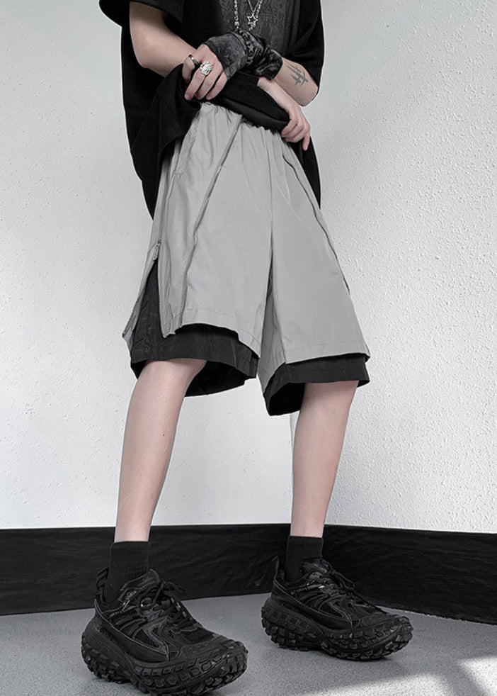 Original Grey Zippered False Two Pieces Cotton Men Shorts Summer