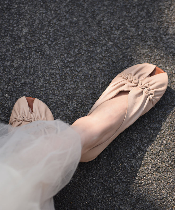 Original Handmade Apricot Cowhide Leather Pleated Fish Mouth Sandals