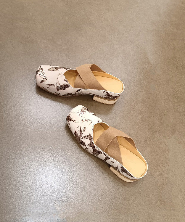 Original Handmade Beige Chunky Heel Cowhide Leather Print Slide Sandals