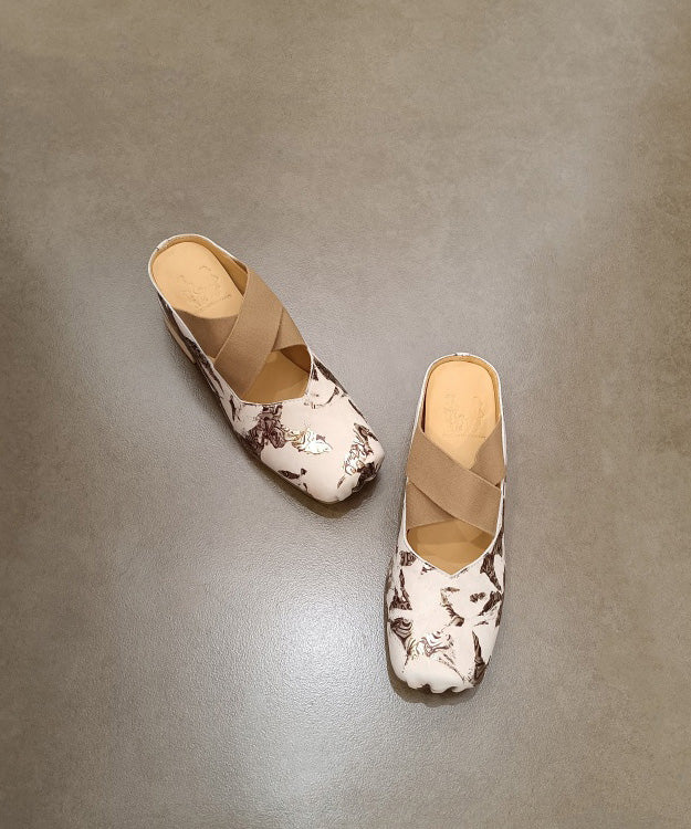 Original Handmade Beige Chunky Heel Cowhide Leather Print Slide Sandals