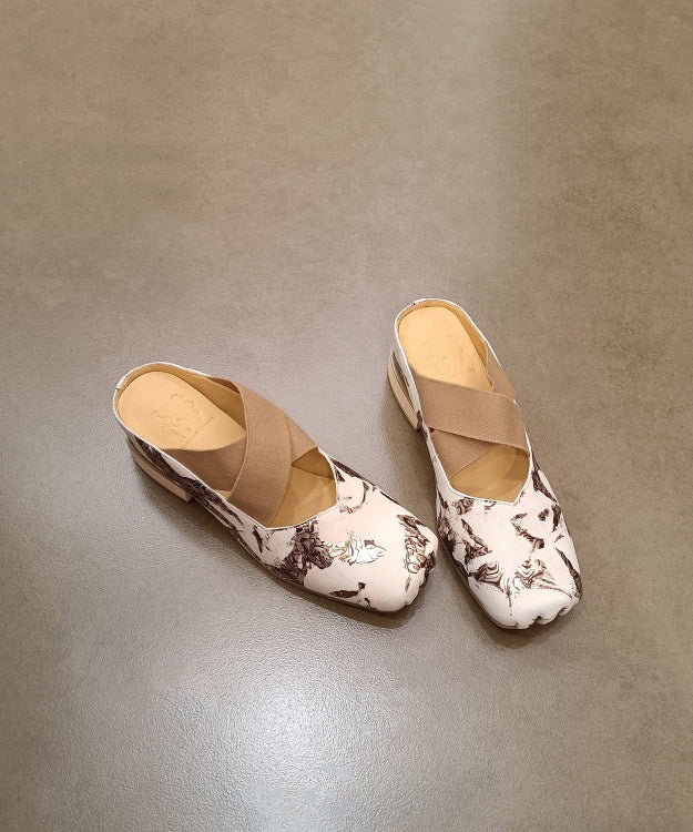 Original Handmade Beige Chunky Heel Cowhide Leather Print Slide Sandals