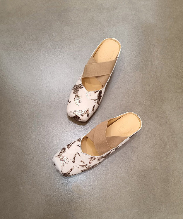 Original Handmade Beige Chunky Heel Cowhide Leather Print Slide Sandals