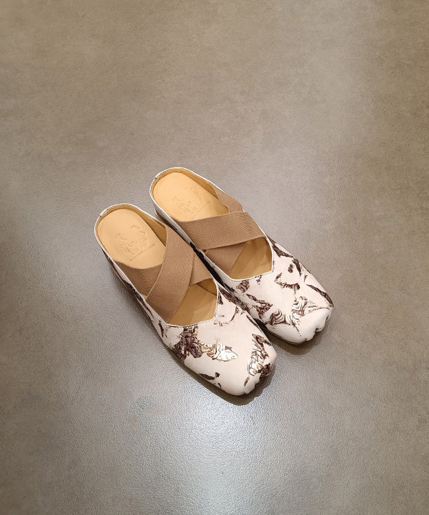Original Handmade Beige Chunky Heel Cowhide Leather Print Slide Sandals