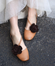 Original Handmade Beige Flower Cowhide Leather Flat Sandals