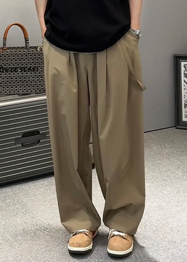 Original Khaki Pockets Elastic Waist Ice Silk Men Wide Leg Pants Summer