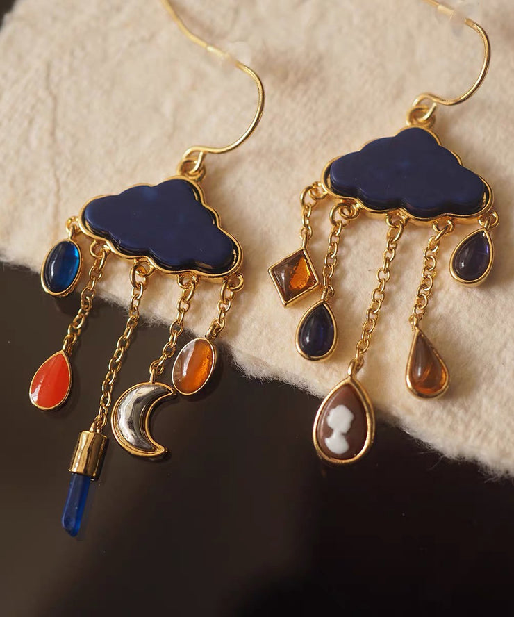 Original Navy Copper Overgild Moon Cloud Tassel Drop Earrings