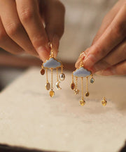 Original Navy Copper Overgild Moon Cloud Tassel Drop Earrings