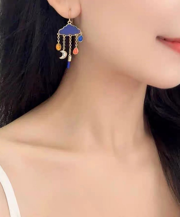 Original Navy Copper Overgild Moon Cloud Tassel Drop Earrings
