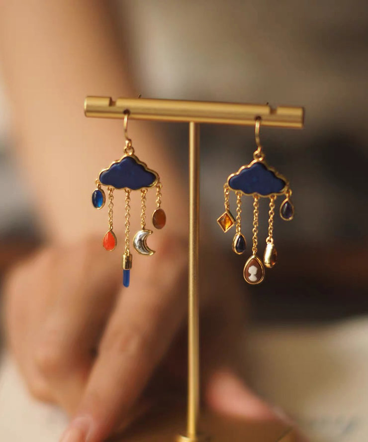 Original Navy Copper Overgild Moon Cloud Tassel Drop Earrings