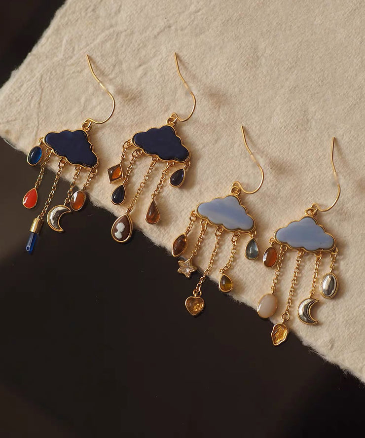 Original Navy Copper Overgild Moon Cloud Tassel Drop Earrings