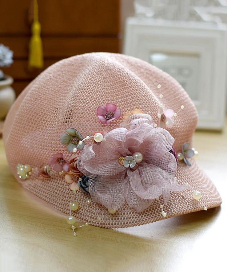 Original New Pink Grass Weaving Breathable Pearl Flower Hat
