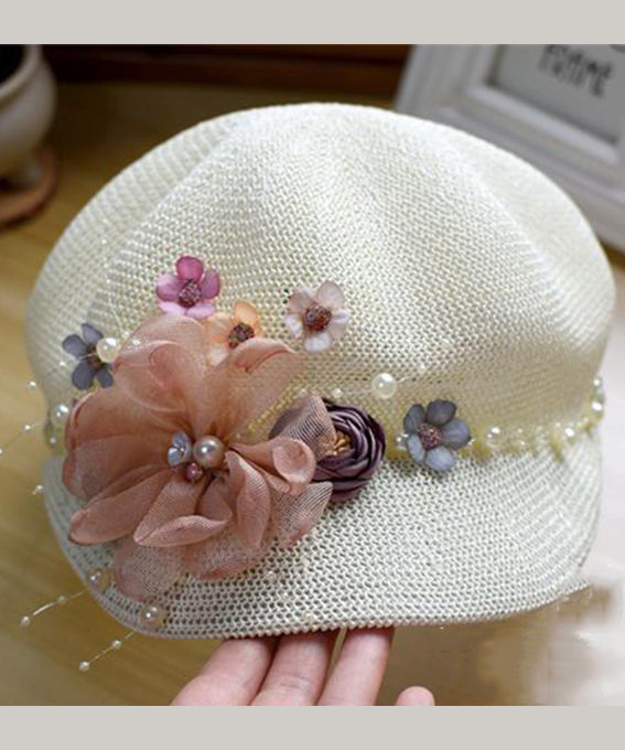 Original New Pink Grass Weaving Breathable Pearl Flower Hat