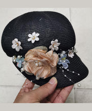 Original New Pink Grass Weaving Breathable Pearl Flower Hat