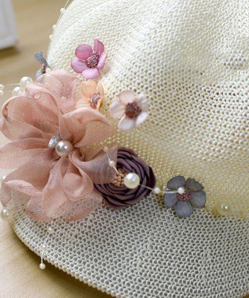 Original New Pink Grass Weaving Breathable Pearl Flower Hat