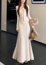 Original Oatmeal Bow Cape Coat And Dress Cotton Two Pieces Set Fall