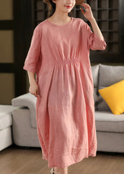 Original Pink O Neck Wrinkled Linen Long Dress Half Sleeve
