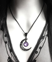Original Purple Alloy Crystal Moon Hollow Out Pendant Necklace