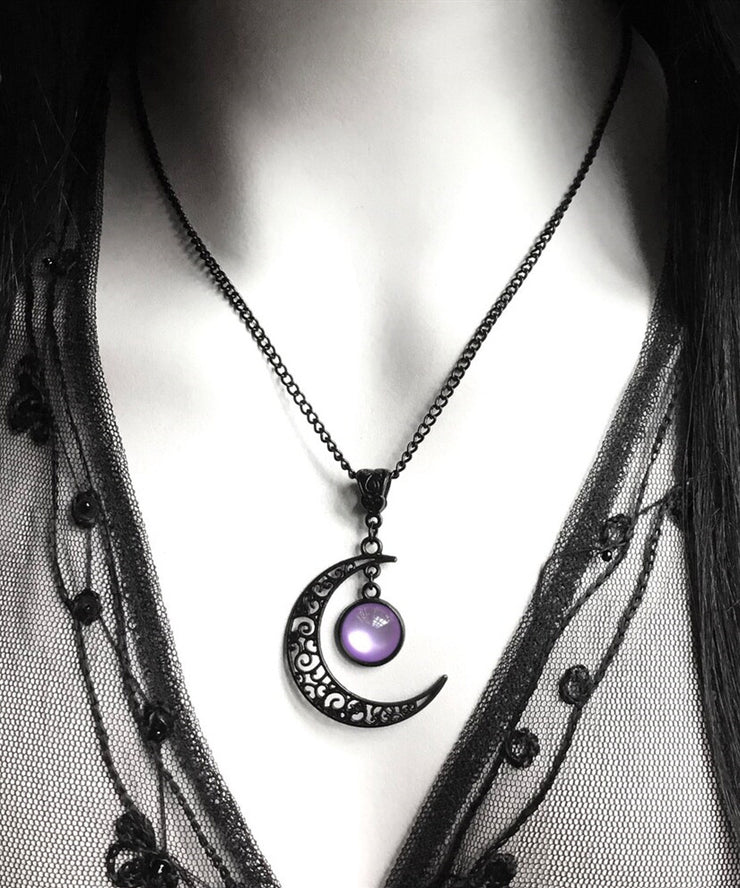 Original Purple Alloy Crystal Moon Hollow Out Pendant Necklace