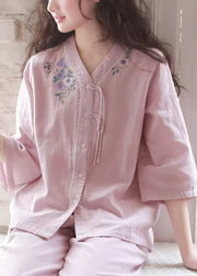 Original Purple Embroidered Button Cotton Pajamas Two Piece Set Bracelet Sleeve