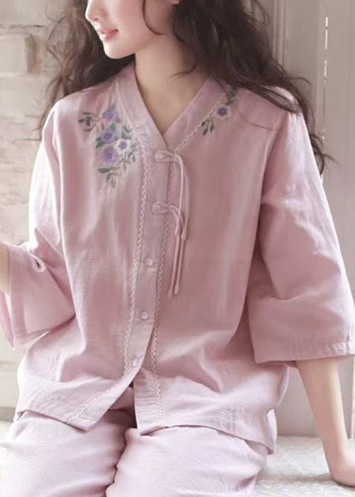 Original Purple Embroidered Button Cotton Pajamas Two Piece Set Bracelet Sleeve