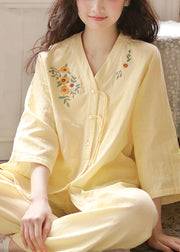 Original Purple Embroidered Button Cotton Pajamas Two Piece Set Bracelet Sleeve